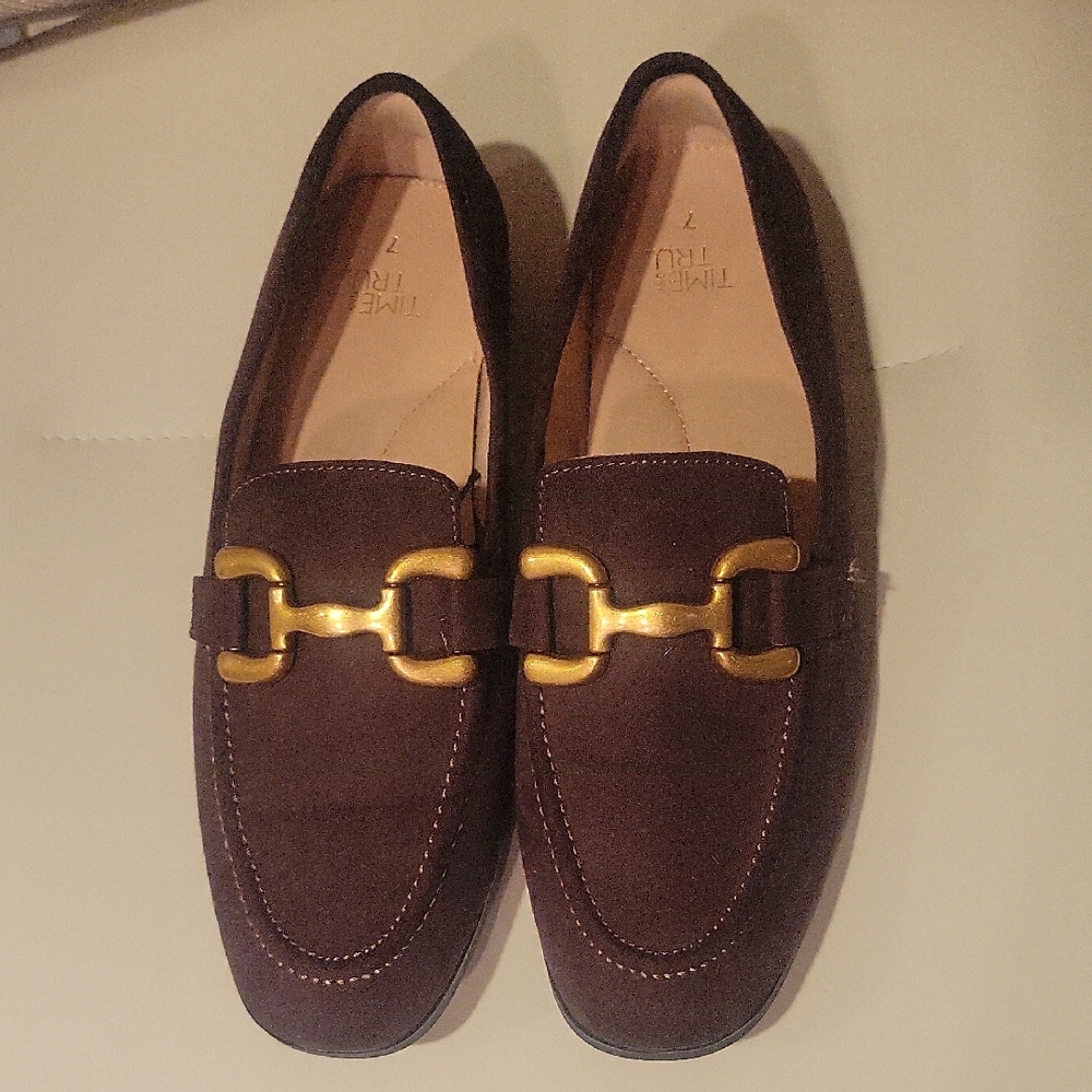 Time & Tru Faux Suede Dark Brown Loafers with Gold Detail